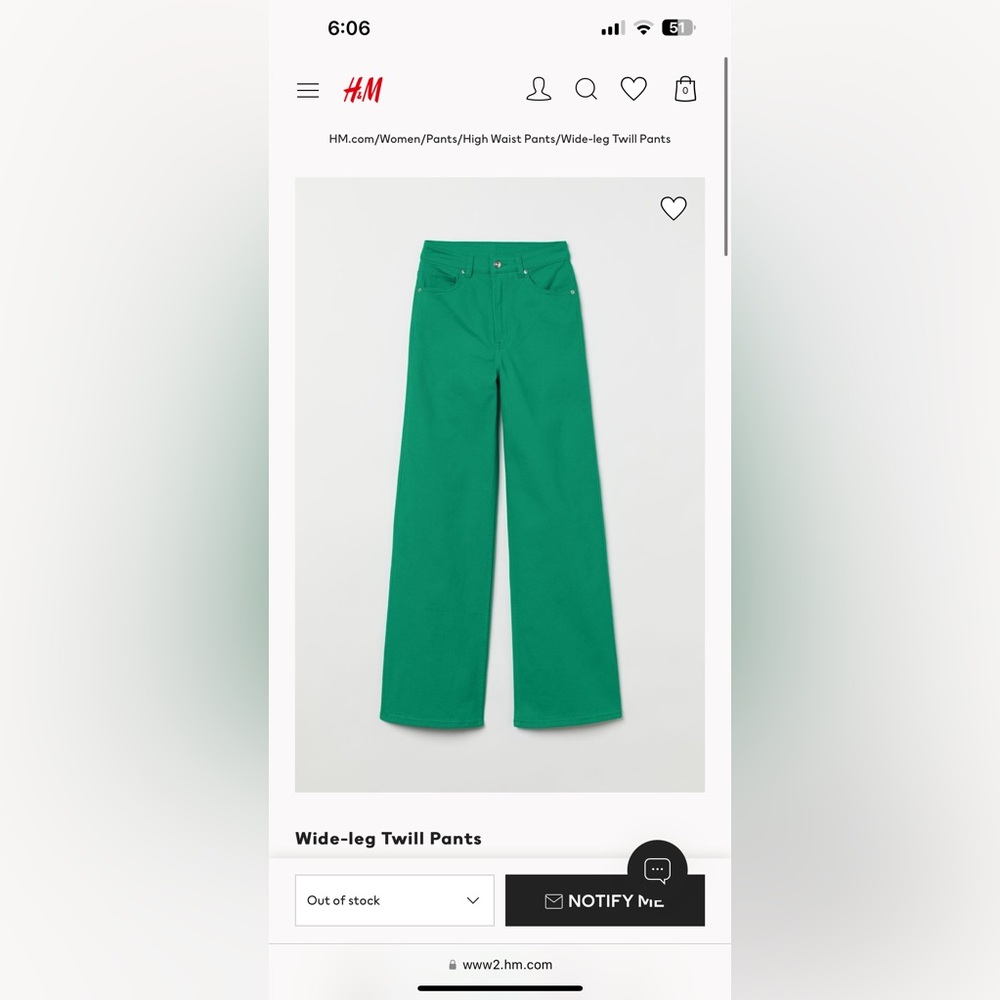 H&M Wide-Leg Twill Pants Green size 8